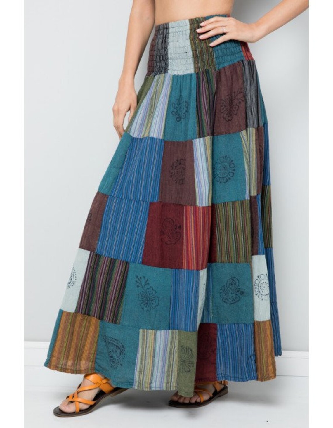 Patchwork Smocked Cotton Maxi Skirt