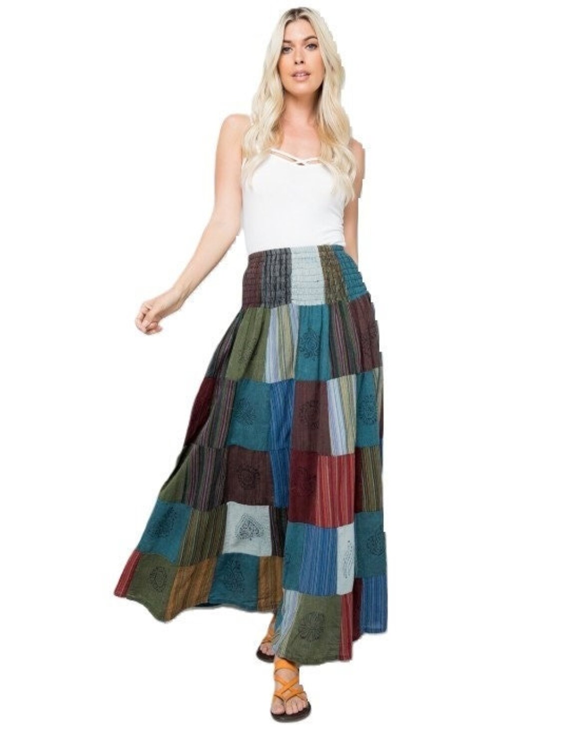 Patchwork Smocked Cotton Maxi Skirt