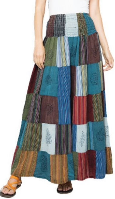 Patchwork Smocked Cotton Maxi Skirt